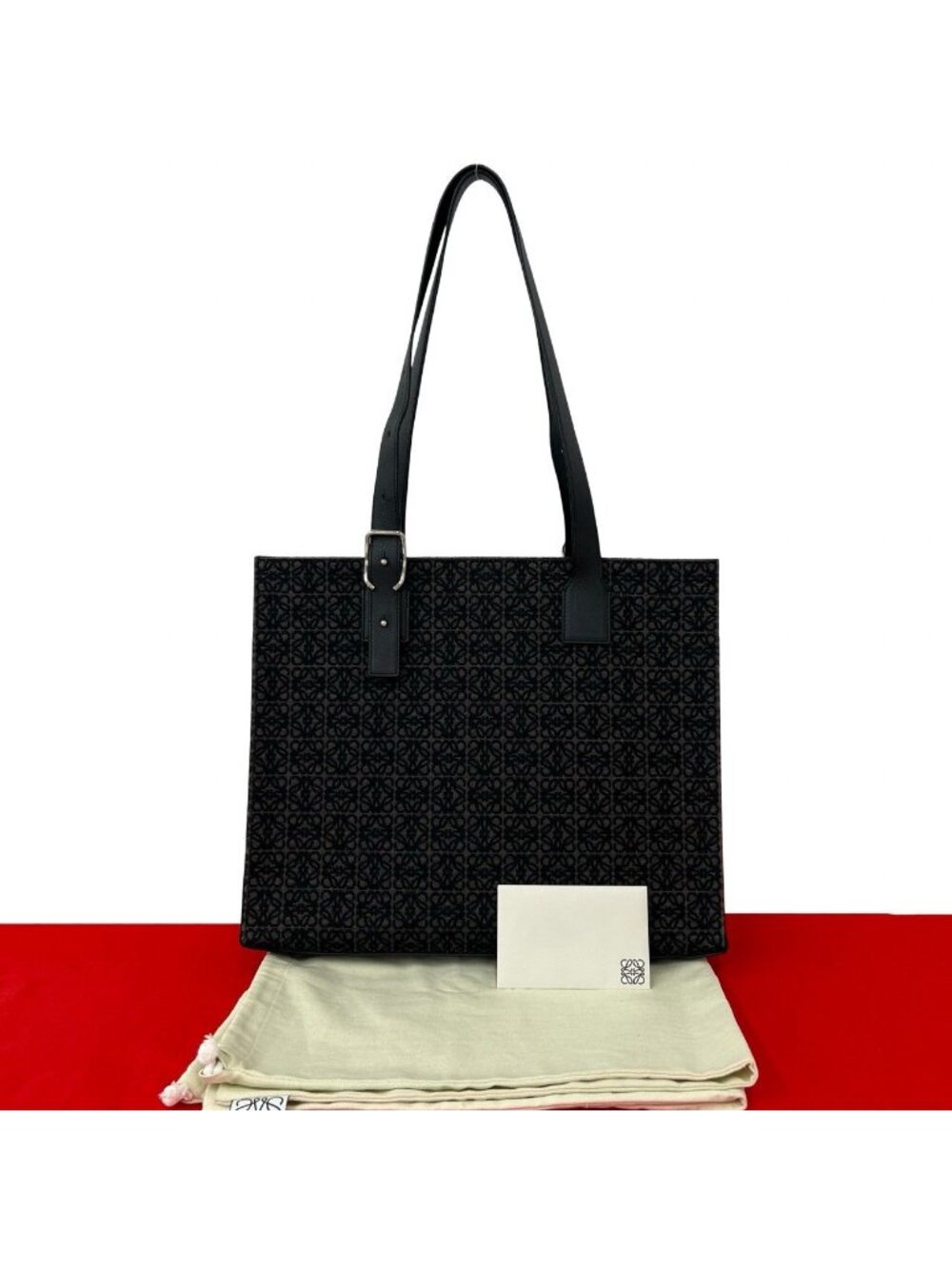 Loewe Buckle Horizontal Anagram All Over Print Canvas Leather Tote Bag Black